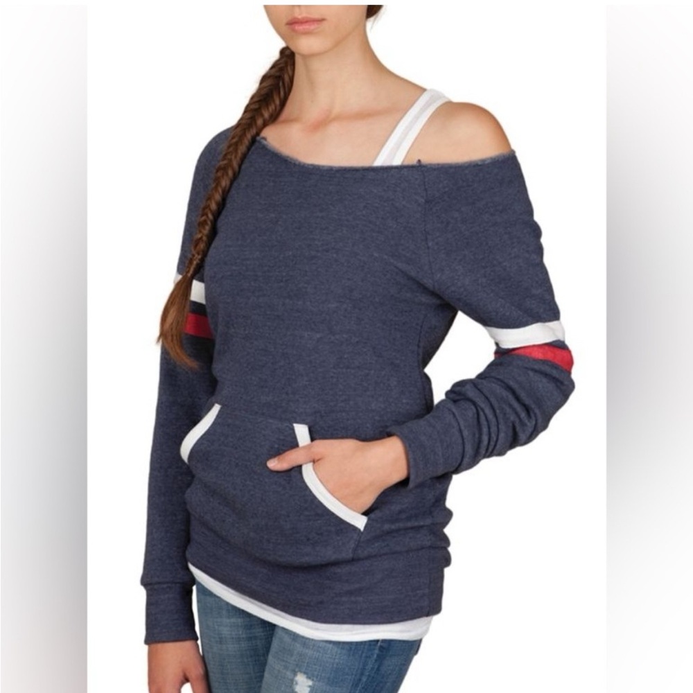 Alternative Earth Navy Off-Shoulder Scoop Neck Sweatshirt with Stripes & Pocket
